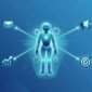 Illustration showing an AI agent coordinating autonomous marketing tasks including email, analytics, campaigns, and goal targeting