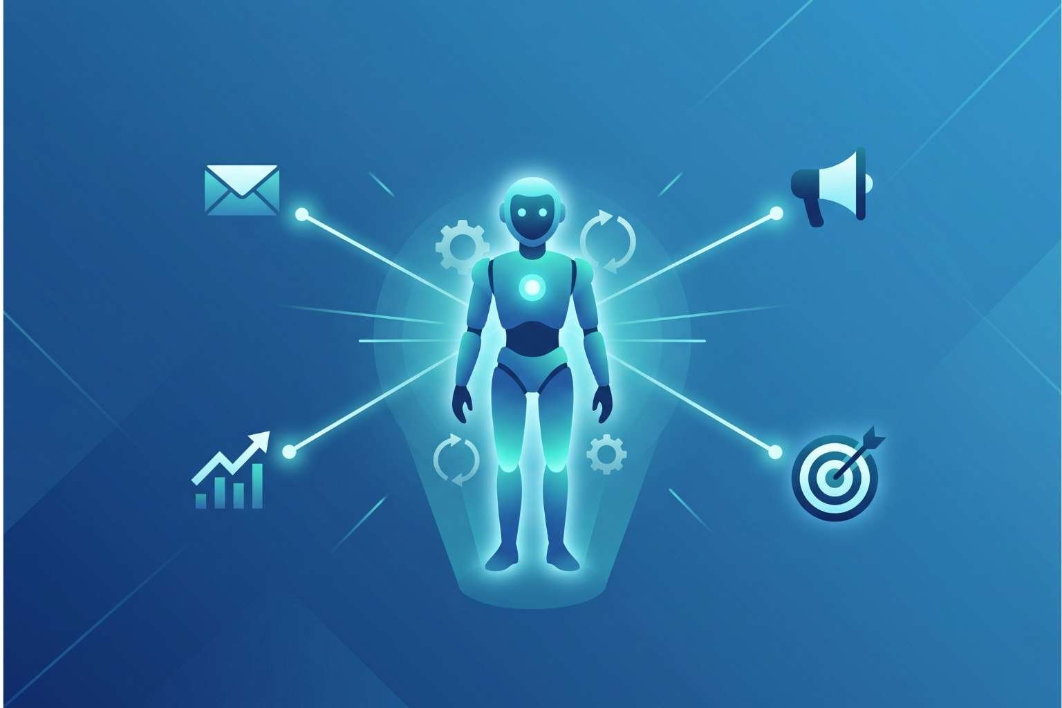 Illustration showing an AI agent coordinating autonomous marketing tasks including email, analytics, campaigns, and goal targeting