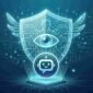 Guardian AI agent shield with an oversight eye protecting a chatbot icon, representing real time AI monitoring