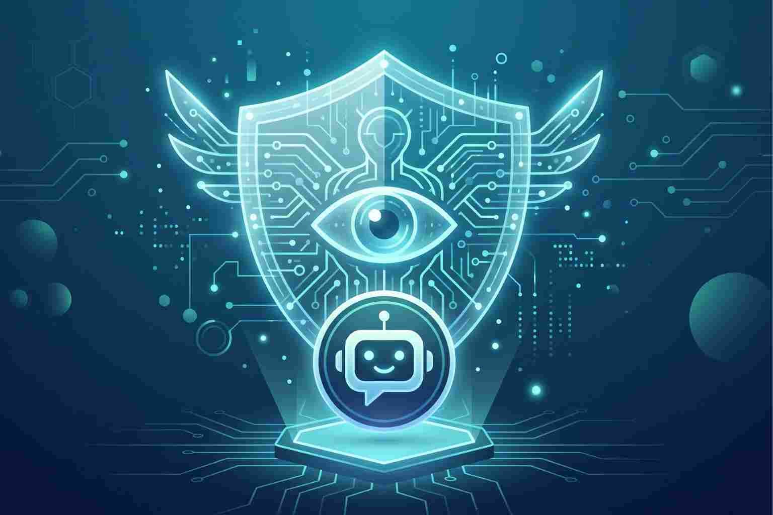 Guardian AI agent shield with an oversight eye protecting a chatbot icon, representing real time AI monitoring