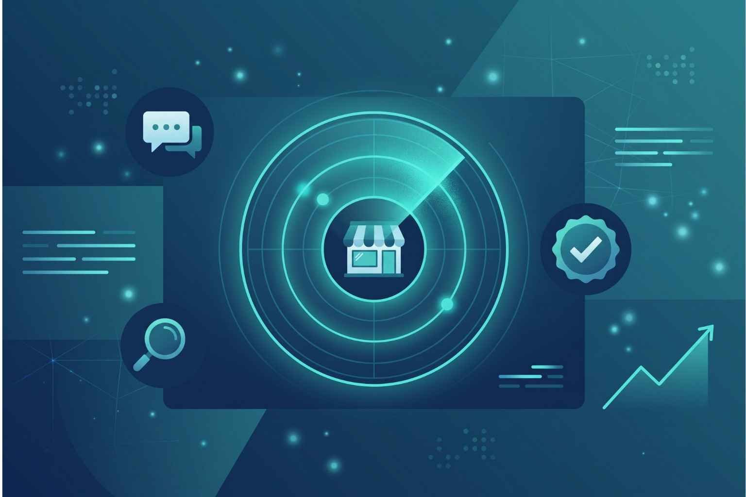Illustration showing a radar scanning a storefront icon, representing tracking AI mentions and citations of a business