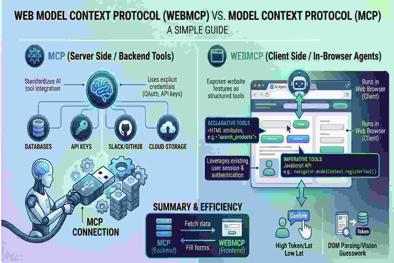 Infographic comparing WebMCP and MCP for AI agent optimization, AEO, and digital marketing strategy
