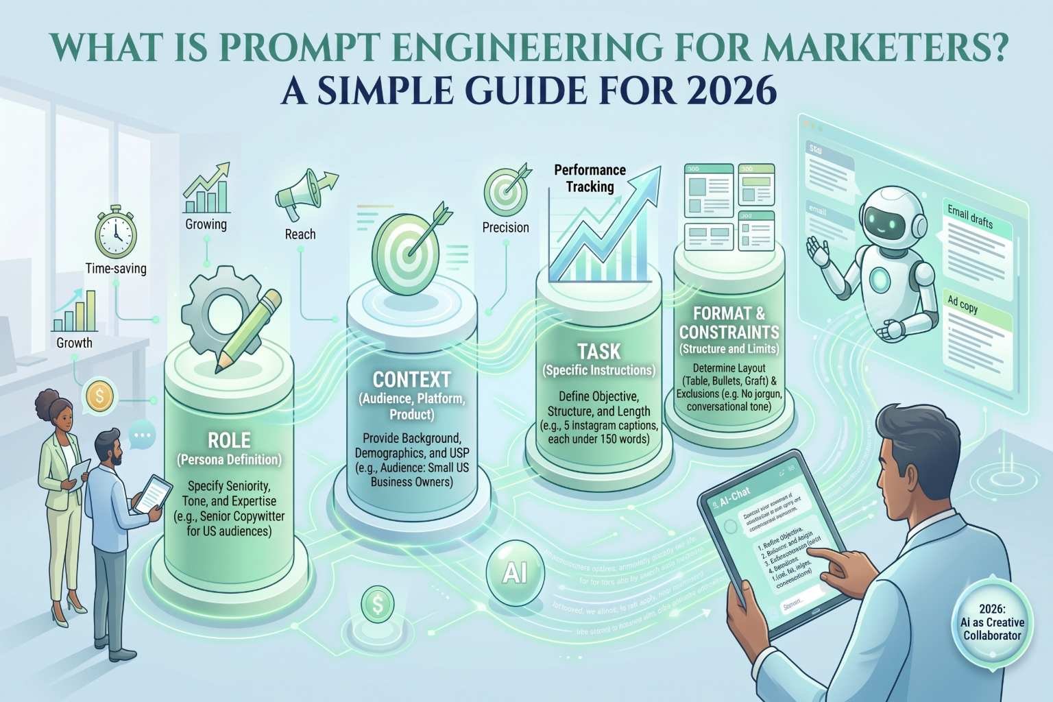 Prompt engineering framework for marketers showing Role Context Task and Format elements with AI chat interface for US businesses in 2026
