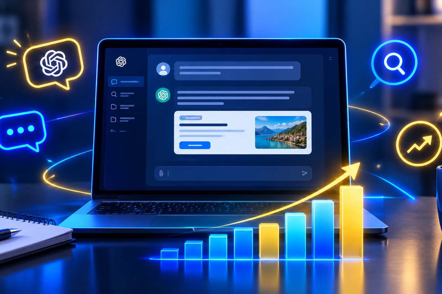 Laptop showing a ChatGPT style advertising interface with digital marketing analytics