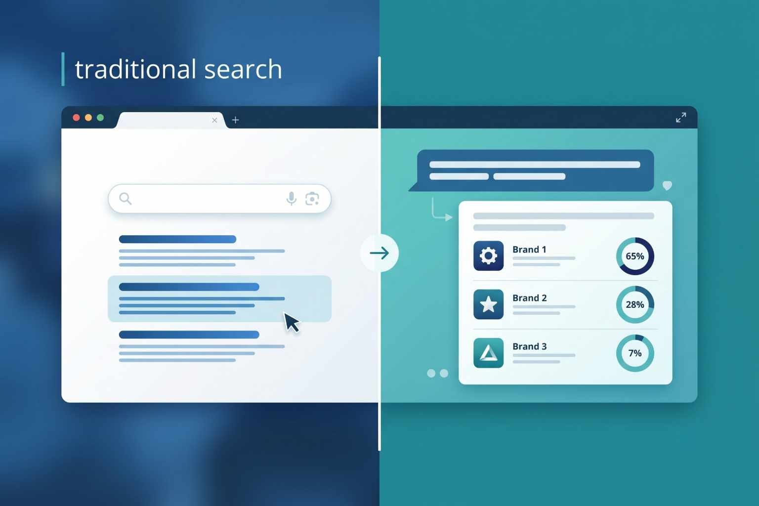 Split comparison showing traditional search engine results next to an AI chat interface ranking brands by mention percentage